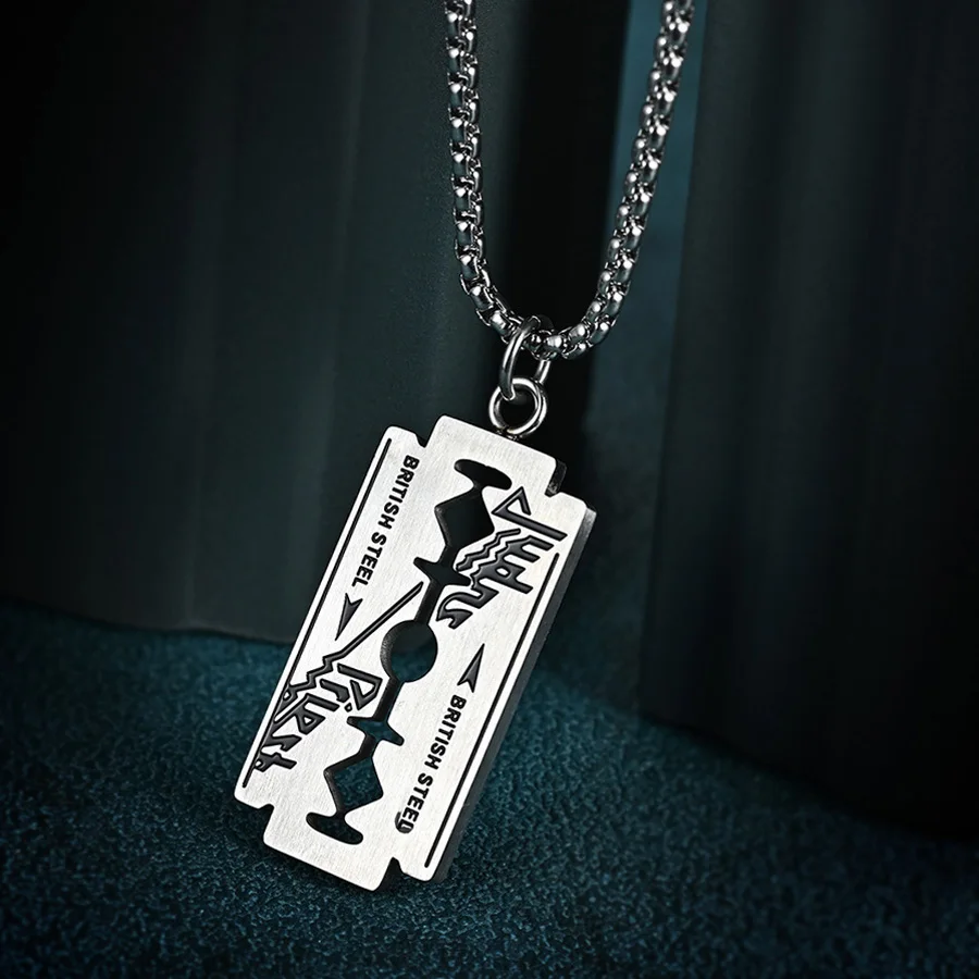Stainless Steel Razor Blade Necklace Men Judas Priest Hip Hop Jewelry Enamel Heavy Metal Pendant Women Cool Gift High Quality