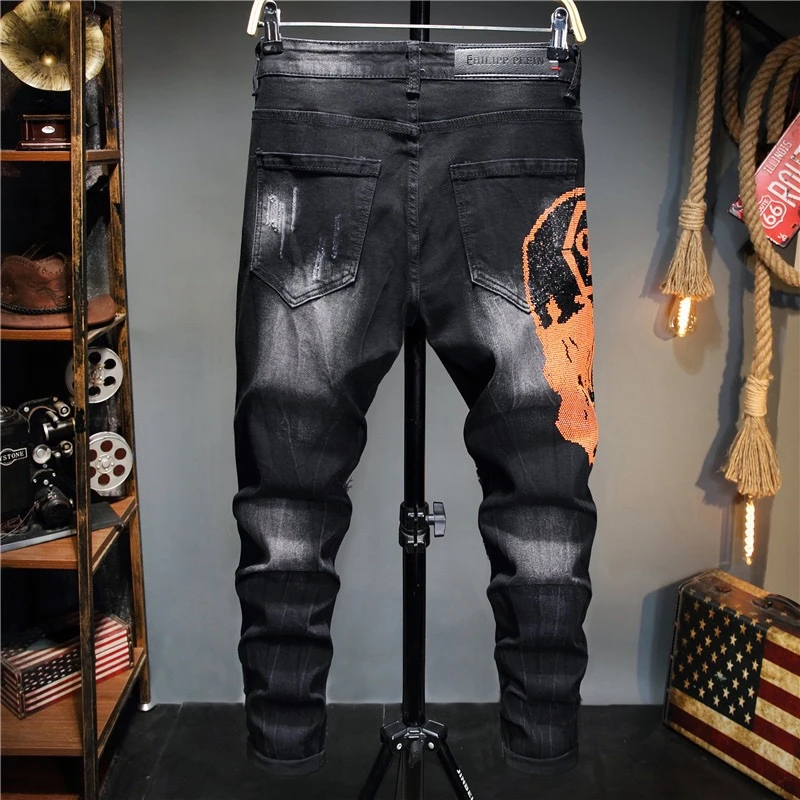 EH·MD® Ripped Jeans Men's Capsule Embroidered Metal Skull Decoration Splashed Ink Soft Slim Cotton Stretch Scratches 2022seasons