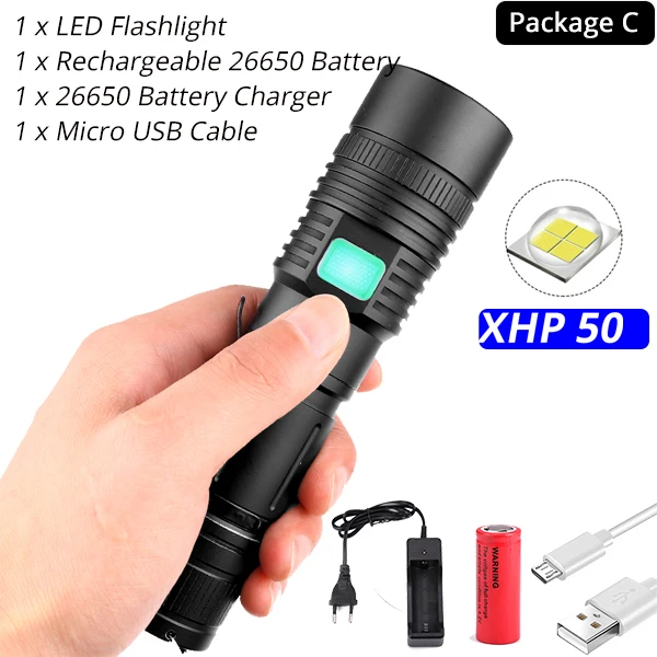 Option C Мощный светодиодный фонарь XHP70.2, водонепроницаемый светодиодный фонарь с поддержкой зума, 3 режима освещения, питание от аккумулятора 18650 или 26650 для улицы - Испускаемый цвет: Option C