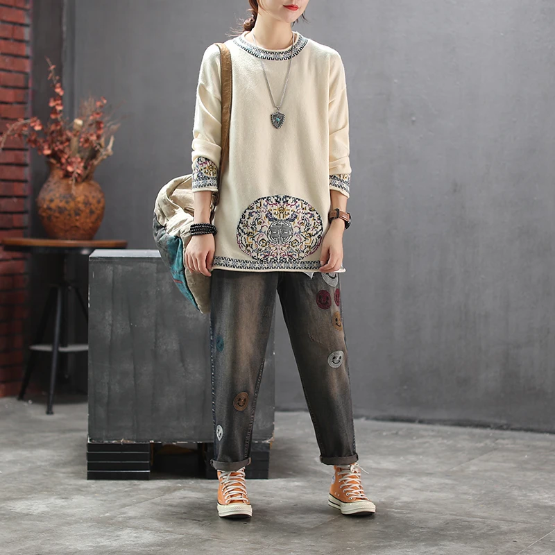 Женский свободный вязаный свитер в стиле ретро Повседневный с круглым вырезом и