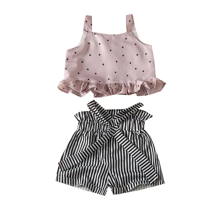 

2020 Summer Children Sets Fashion Strap Ruffles Print Star Tops Striped Bow Shorts Casual 2Pcs Girls Clothes Sets 1-7T