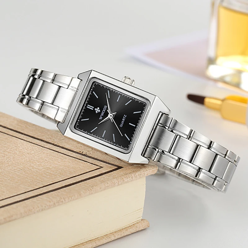 Часы WWOOR Женские Кварцевые полностью стальные, серебристые классические квадратные ультратонкие маленькие наручные, с браслетом