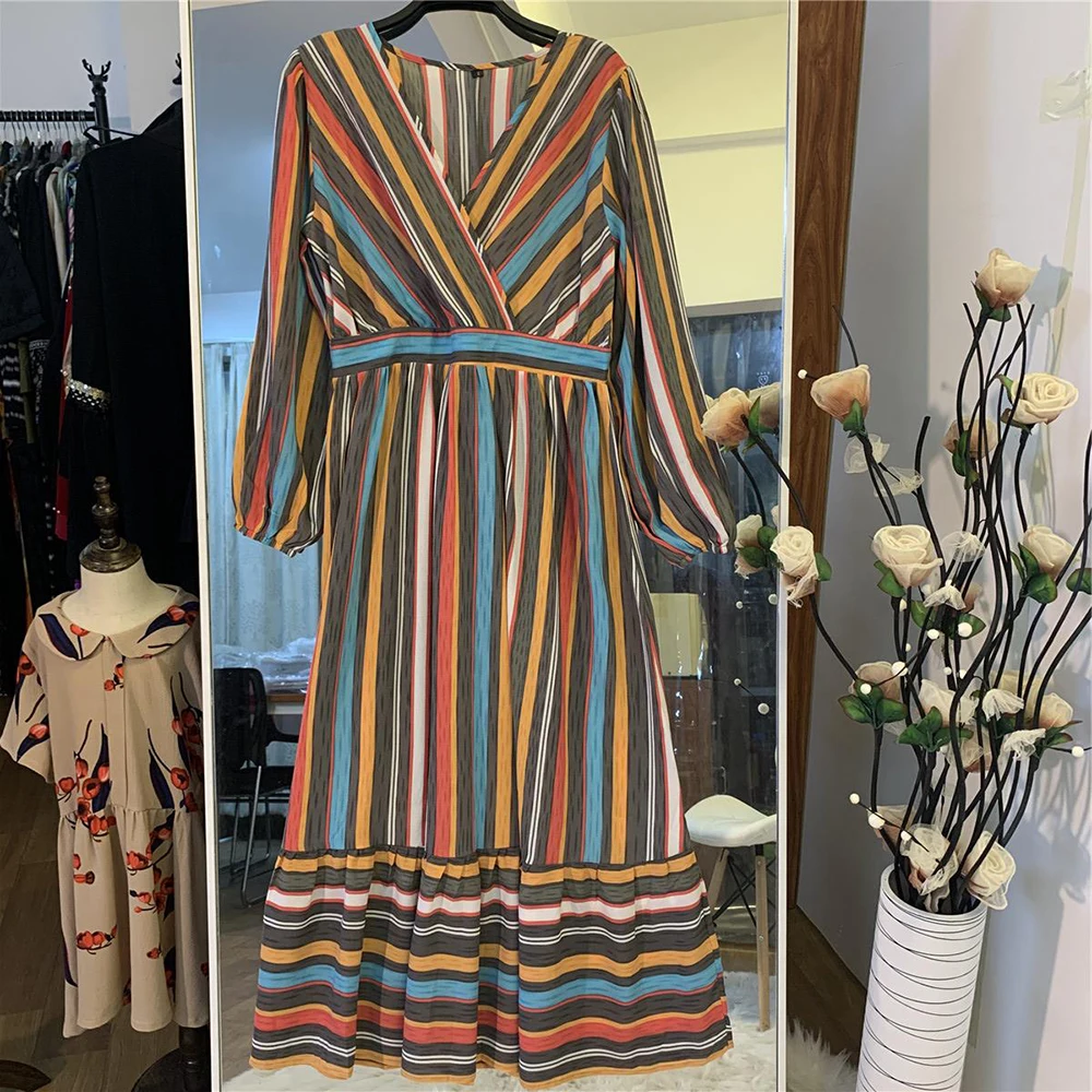 

Turkey Muslim Dress Abaya Dress Striped Dubai Kaftan Arab Hijab Vestidos Robe Musulman De Mode Maxi Dresses Women Islam Clothing