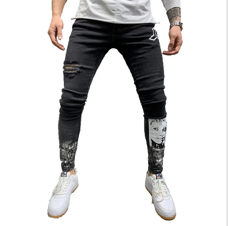 

Men's tear STRETCH LEG JEANS printed black jeans men's