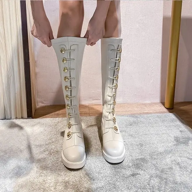

Ladies Retro Mid-Tube Boots Ladies Zipper Shoelace Lace Leather Metal Button Punk Boots Fashion New Fall Winter