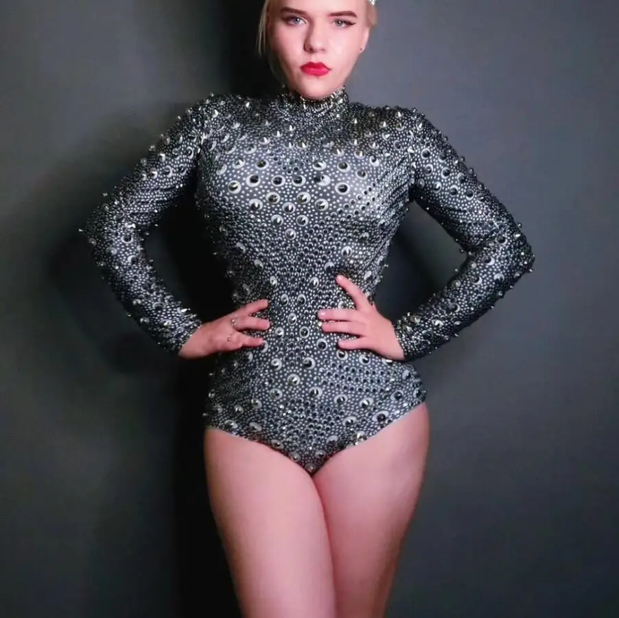 

Сексуальное черное боди с заклепками, с заклепками, для певицы, шоу, ночного клуба, бара, танцев, выпускного вечера, эластичная одежда