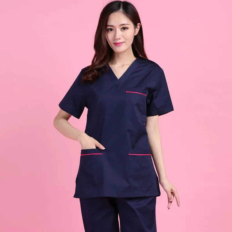 

Plug Size S-4XL Medical Uniforms Short Sleeve Pure Cotton Scrubs Women V Neck Top Doctor Nurse Pants Dentist Hospital Workwear