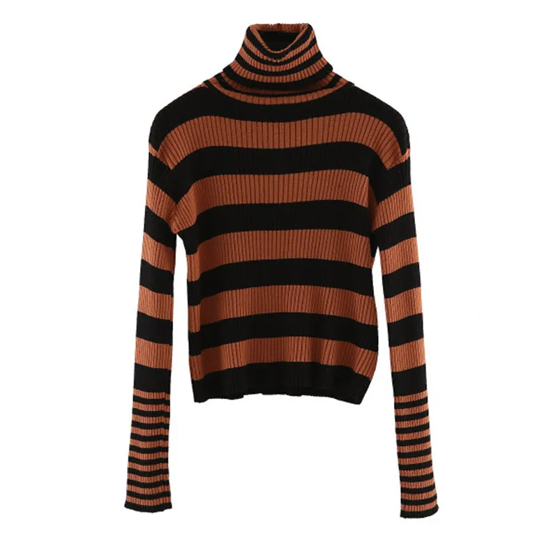 

Turtleneck Sweater For Women Striped Knitted Pullovers Winter Fall Sweaters Female Casual Jumpers Warm Short Style Knitwear W022