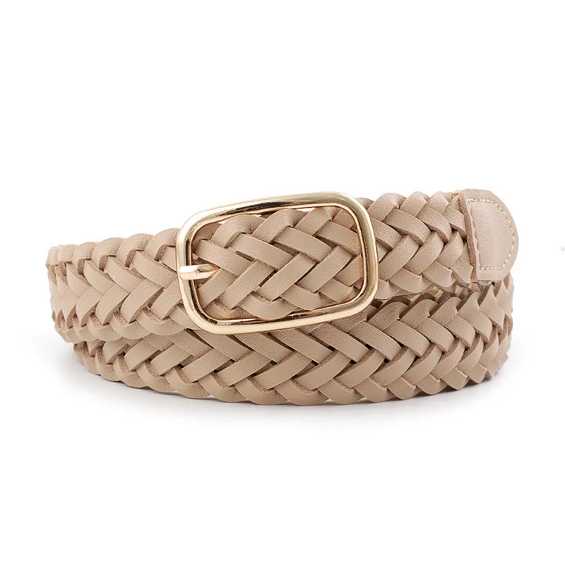 

Retro Stretch Woven Belt Solid Color Women's Belt With Square Gold Metal Buckle Female Belt Casual Waist Belt Braided Waist Belt