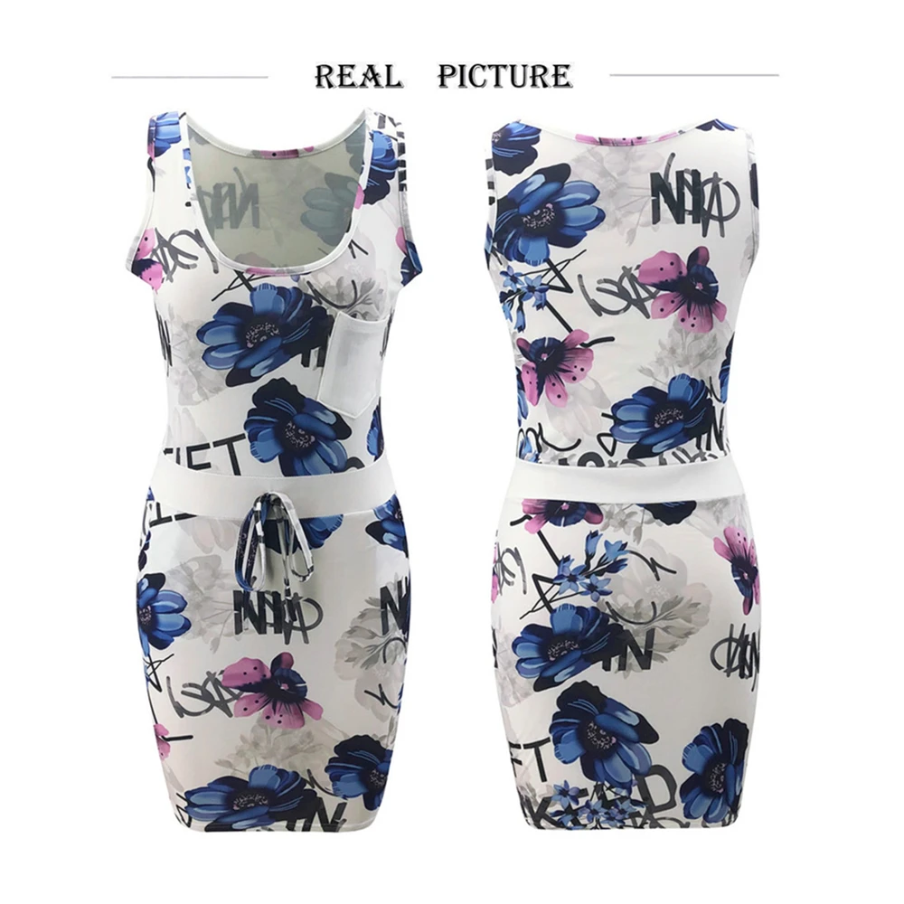 

Summer Mini Womens Dress Sexy Sleeveless Empire Bodycon Party Dress Fashion O-neck Print Pockets Slim Casual Dresses Vestidos
