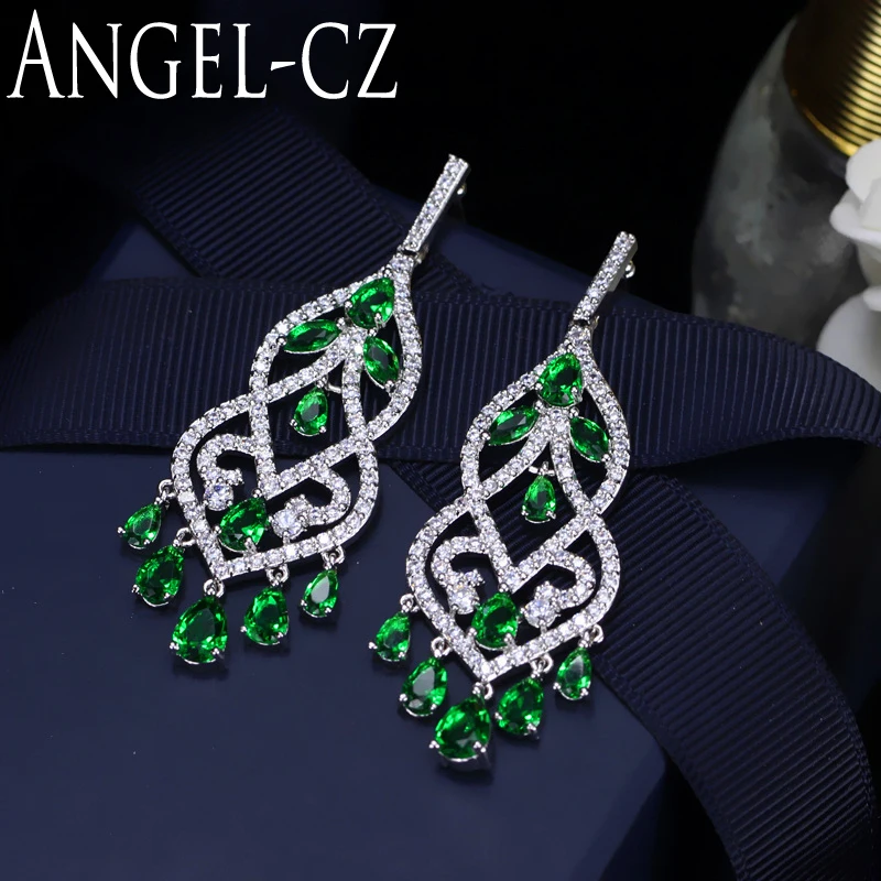 ANGELCZ Boho этнический стиль кубического циркония ювелирные изделия безупречные каплевидные зеленый натуральный камень Пром длинные висячие серьги для женщин AE099