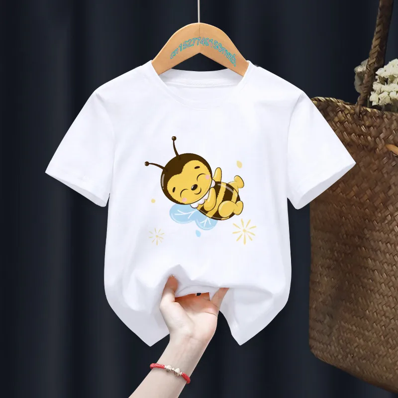 Camiseta para ni&ntilde;os y ni&ntilde;as de dibujos animados, divertida camiseta blanca de abeja para ni&ntilde;os, Tops de animales, regalo, ropa de regalo, env&iacute;o directo-4