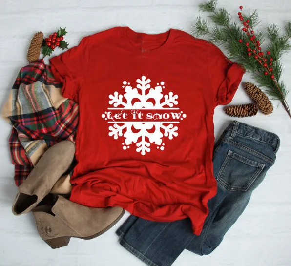 Женская футболка с рисунком снега Let It Snow красная Повседневная в молодежном стиле