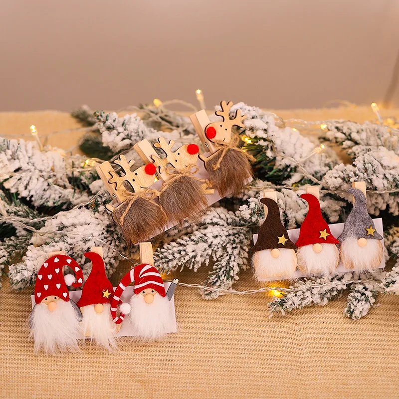 

3pcs Christmas Decoration Creative Elk Santa Doll Wooden Clip Christmas Cartoon Clip Christmas Tree Clip Message Clip