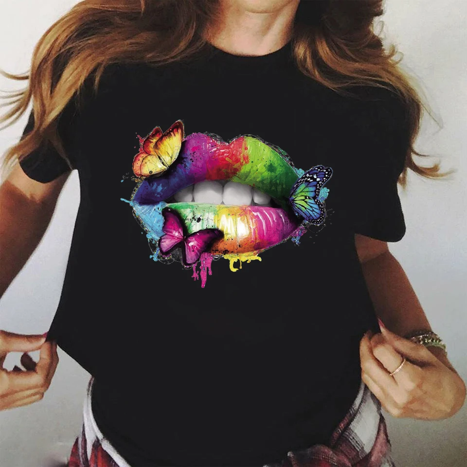 

Ladies Black Rainbow Lips Butterfly Print T-shirt Ladies Harajuku T-shirt Ladies Top