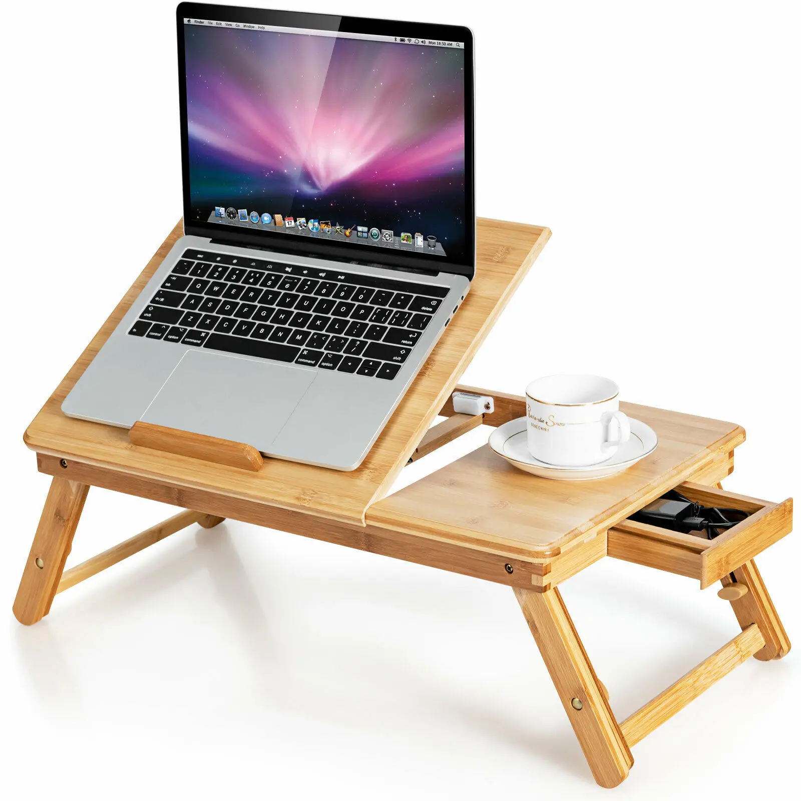 

Costway Bamboo Laptop Desk Adjustable Folding Bed Tray w/Drawer Heat Dissipation HW67948NA