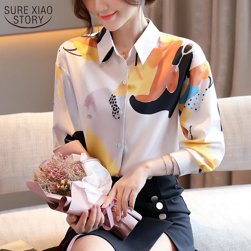 

Women's Office Loose Long-Sleeve Cardigan 2021 Autumn New Chiffon Flower Print Shirt Women Blouse Plus Size Ladies Tops 11128
