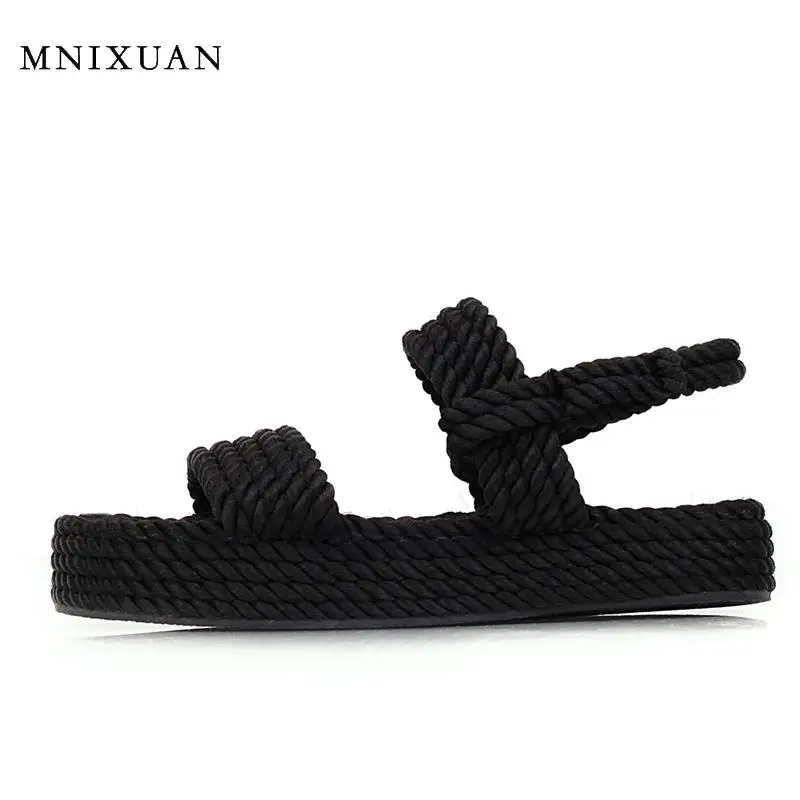 

MNIXUAN large size womens shoes sandals 2019 new summer fashion casual flat platform weave bohemian gladiator beach ladies beige