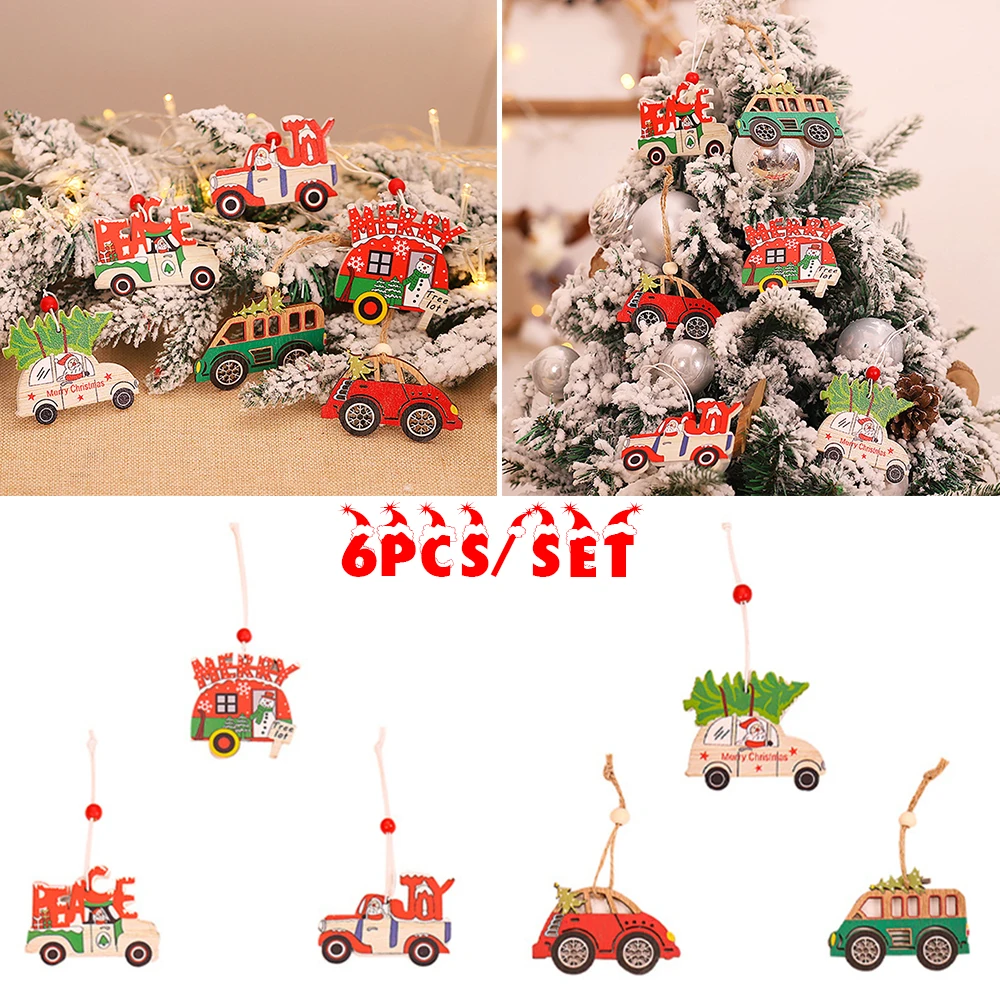 

6pcs Christmas Car Hanging Decor Wooden Pendants Xmas Tree Ornaments For Xmas Tree Display Case Showcase