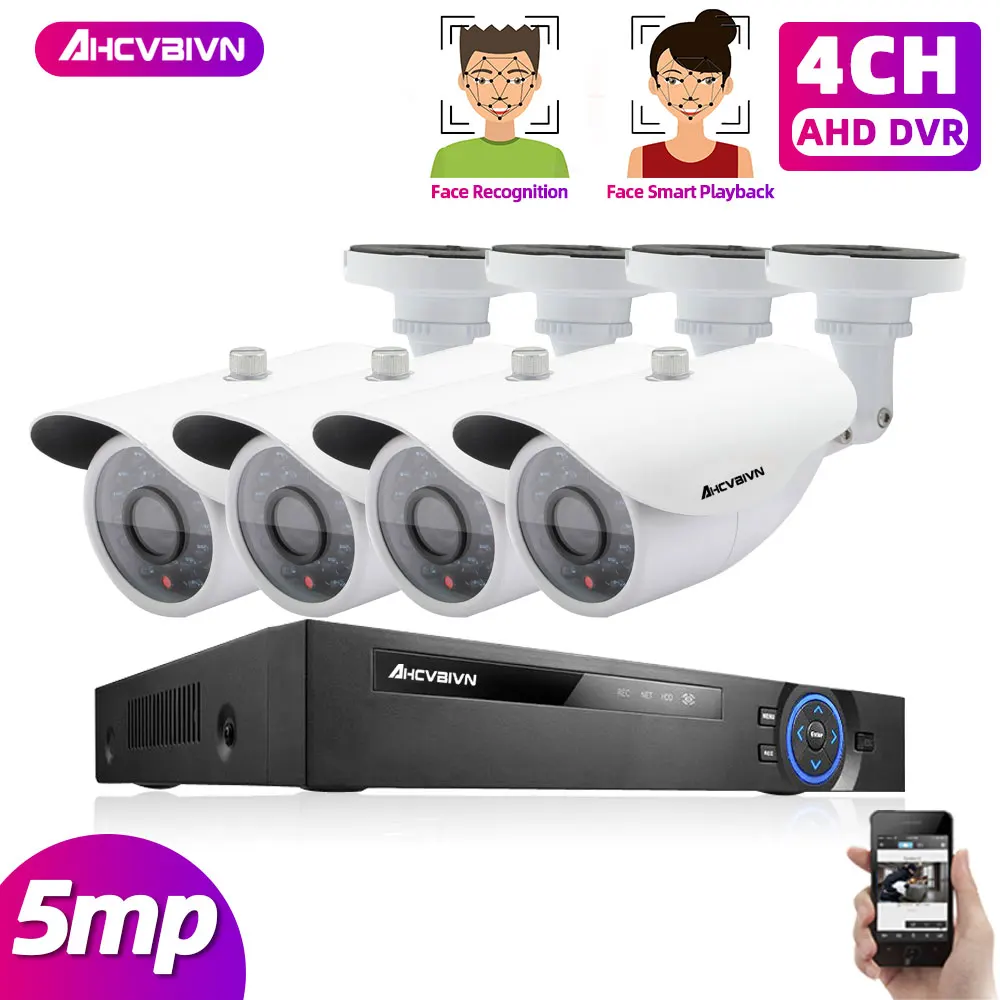 

4CH 5MP HD CCTV система безопасности 6в1 H.265 DVR с 4 шт. 5MP AHD TVI Всепогодная белая камера видеонаблюдения комплект