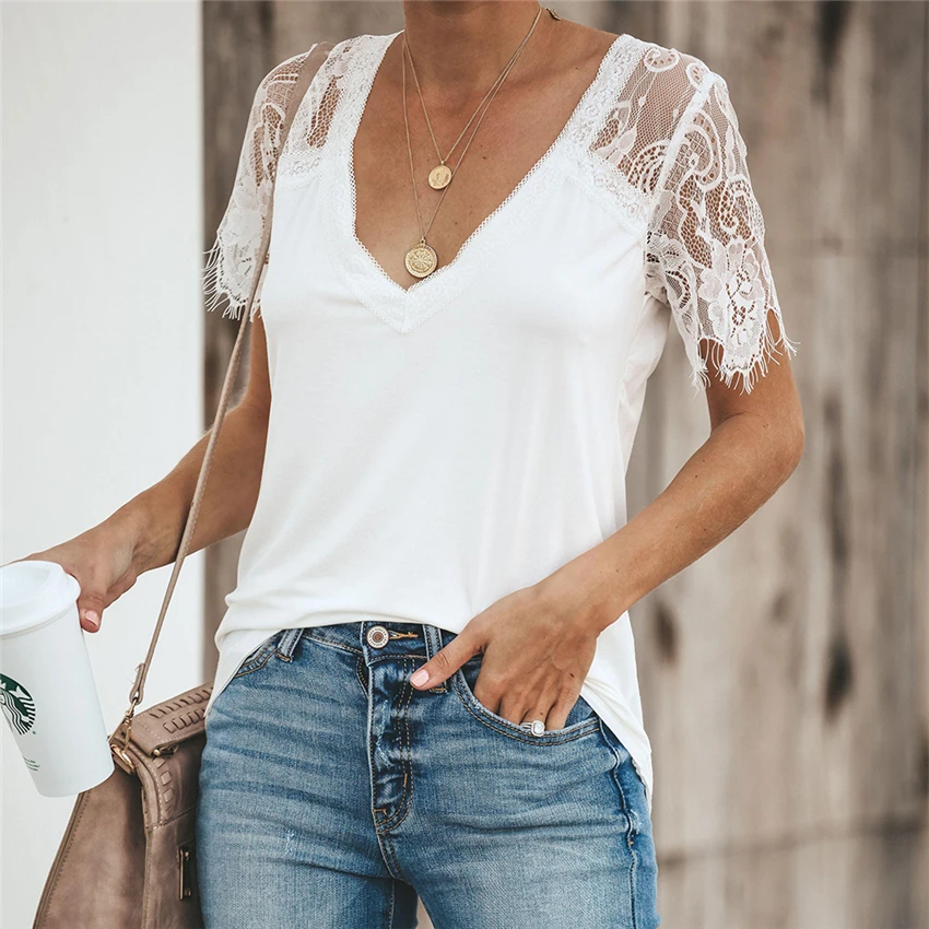Кружевная футболка женские топы с V-образным вырезом Летняя Сексуальная