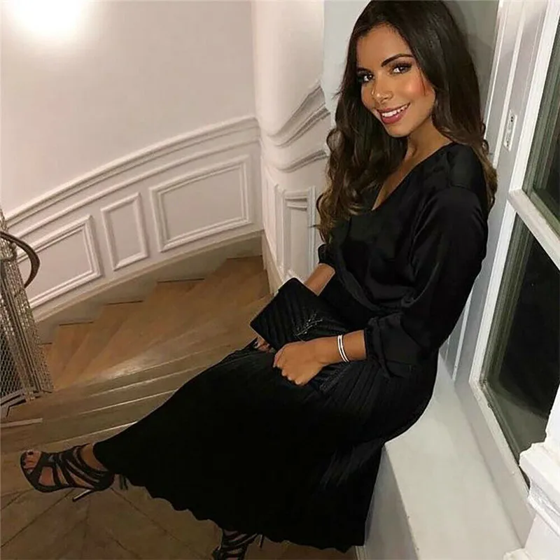 

Elegant Womens V neck Pleated Maxi Dress Autumn Long sleeve Boho Evening Party dress Vestidos