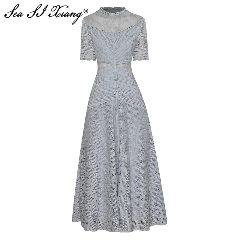 

Женское кружевное платье с воротником-стойкой и коротким рукавом