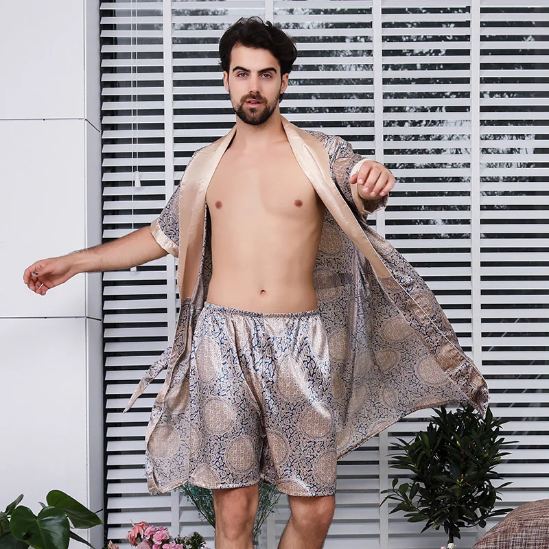 

5XL Two-Piece Mens Robe Satin Silk Bathrobe For Man Soft Cozy Sexy Kimono Sleepwear Pajama Male Home Service Nightgow