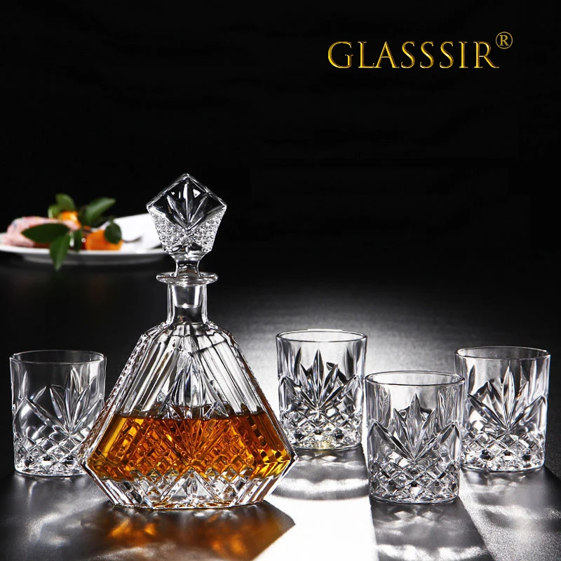 

Crafted Glass Whiskey Decanter Set with 4 Old Fashioned Whisky Glasses for Liquor Scotch Bourbon or Wine - Irish Cut Triangular