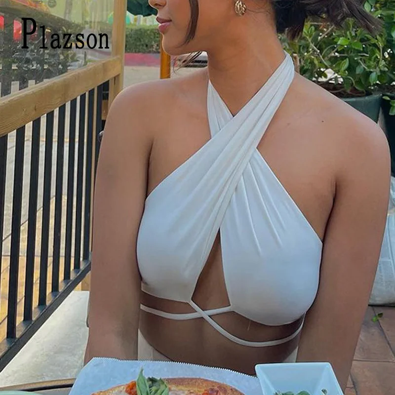 

Plazson Sexy Cross Tied Halter Neck Front Hollow Out Crop Tops Women Summer Sleeveless Bandage Solid Vest Skinny Tank Clubwear