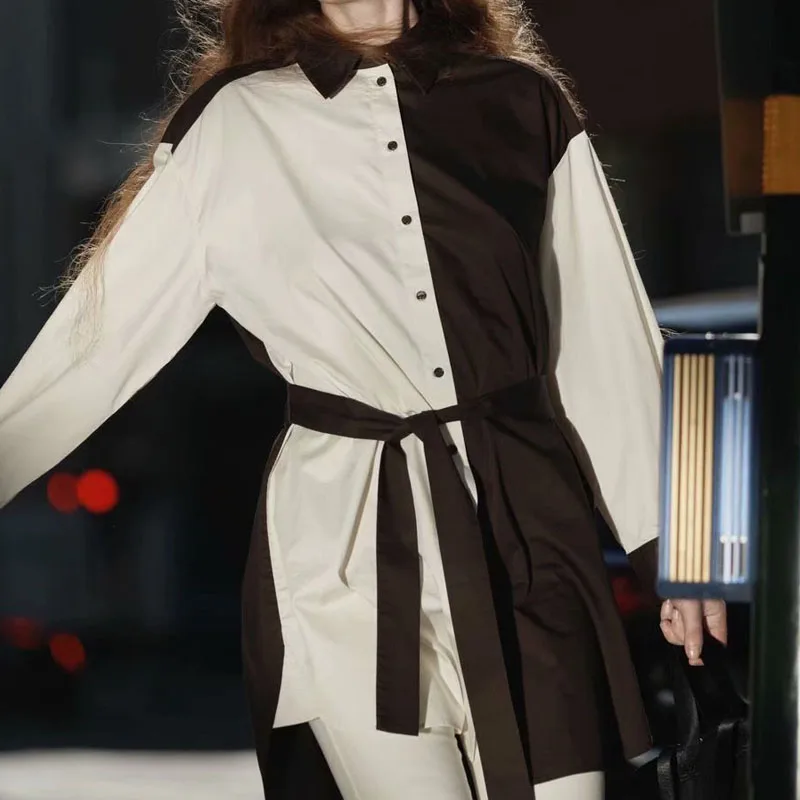 

Женское платье-рубашка с поясом-бантом KUMSVAG, повседневное элегантное платье в стиле пэчворк на осень, 2021