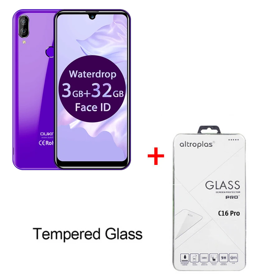 Purple N Tempe Glass OUKITEL C16 Pro 5,71 ''Android 9,0 19:9 MT6761P 3 ГБ 32 ГБ смартфон отпечаток пальца Лицо ID капля экран 5 В/1A 4G мобильный телефон - Цвет: Purple N Tempe Glass