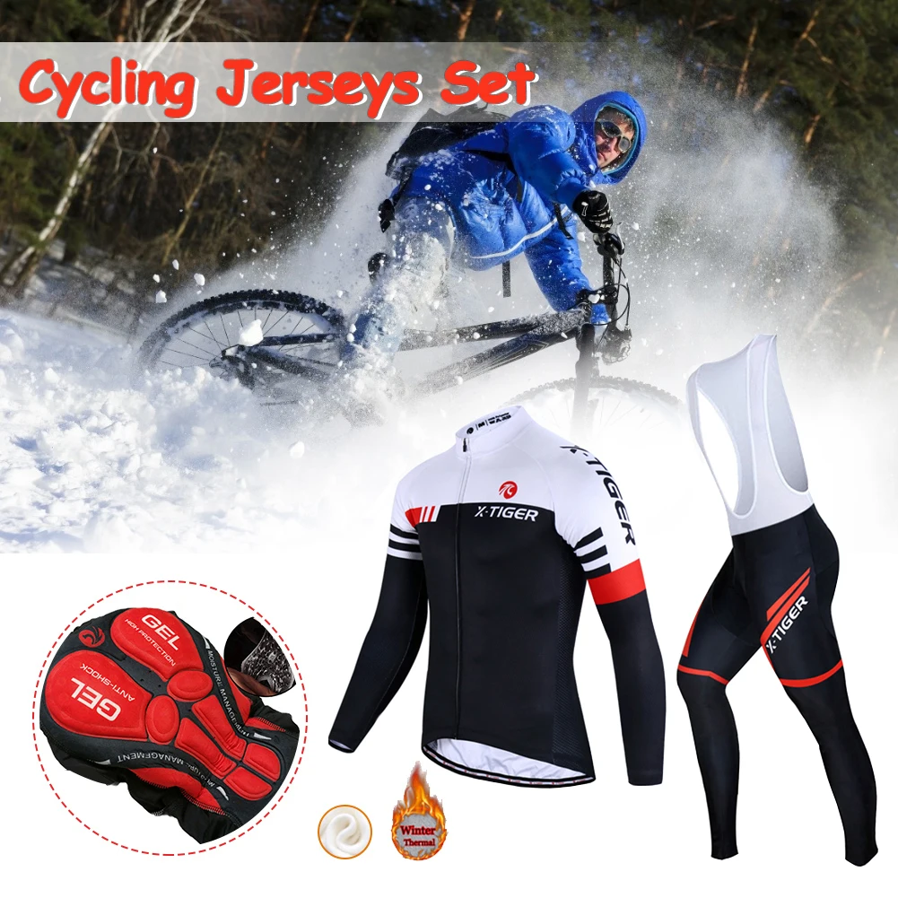

Cycling Jerseys Set Long Sleeve Cycling Jersey 5D Gel Padded Bib Pants Trousers Autumn Winter Thermal Fleece Set