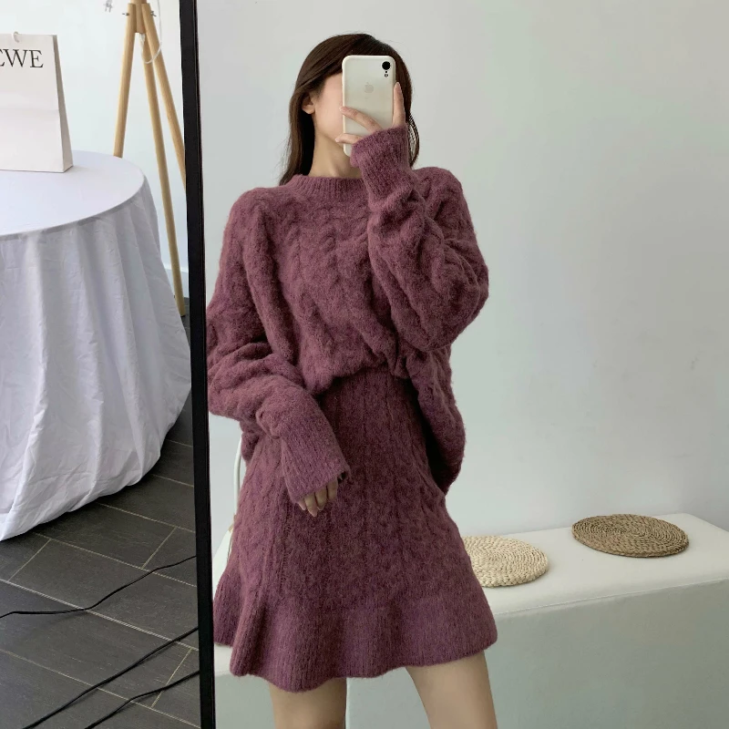 Женский вязаный комплект из двух предметов топы и юбка объемный свитер с