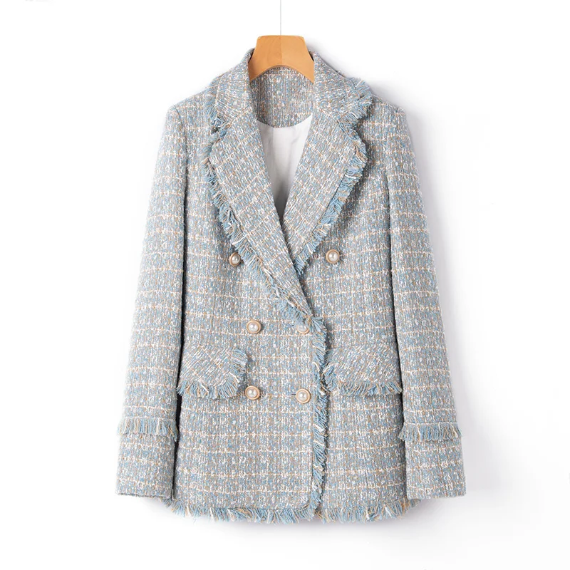 

Light blue tweed women's light mature style retro short lapel top, ladies' small fragrance jacket