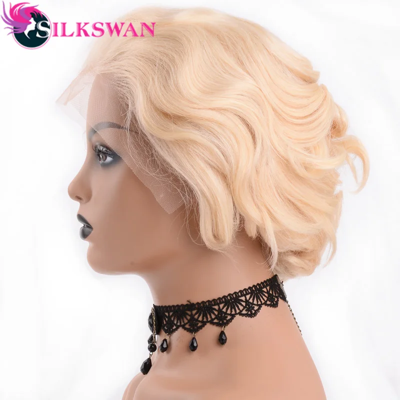Silkswan волосы короткие Pixie срезанные Парики 150 плотность#613 блонд цвет для женщин натуральные 13*4 человеческие волосы парики бразильские волосы remy