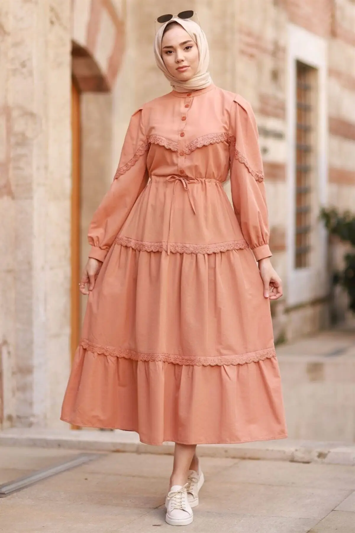 

Women's Pink Bubble Sleeve Dress Guipure Detail Fashion Muslim Women Hijab Dress