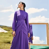 women pleats maxi dress long sleeve mock neck fake two piece muslim modesty malaysia elegance solid color party evening gown