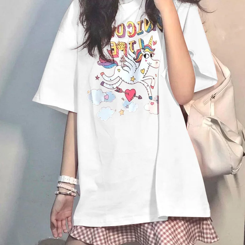 

Women's T-shirt Cute Rainbow Print T-shirt Loose Casual Ladies Short Sleeve Tops Student Top Korean Fashion Streetwear T-shirts