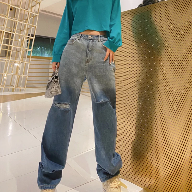 

Vogue Gradual Change Color Jeans Plus Size Baggy Denim Pants Women High Waist Ripped Hole Wide Leg Casual Trousers Streetwear