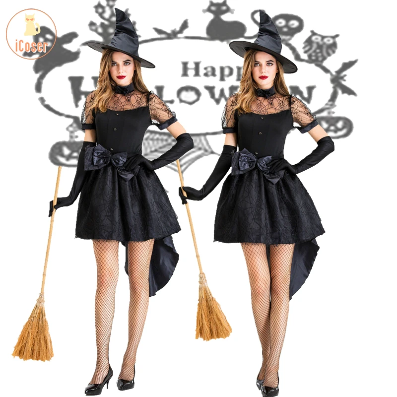 

Halloween Cosplay Costume Witch Black Dress With Hat Gloves Skirt Sexy Masquerade Carnival Christmas Party For Women