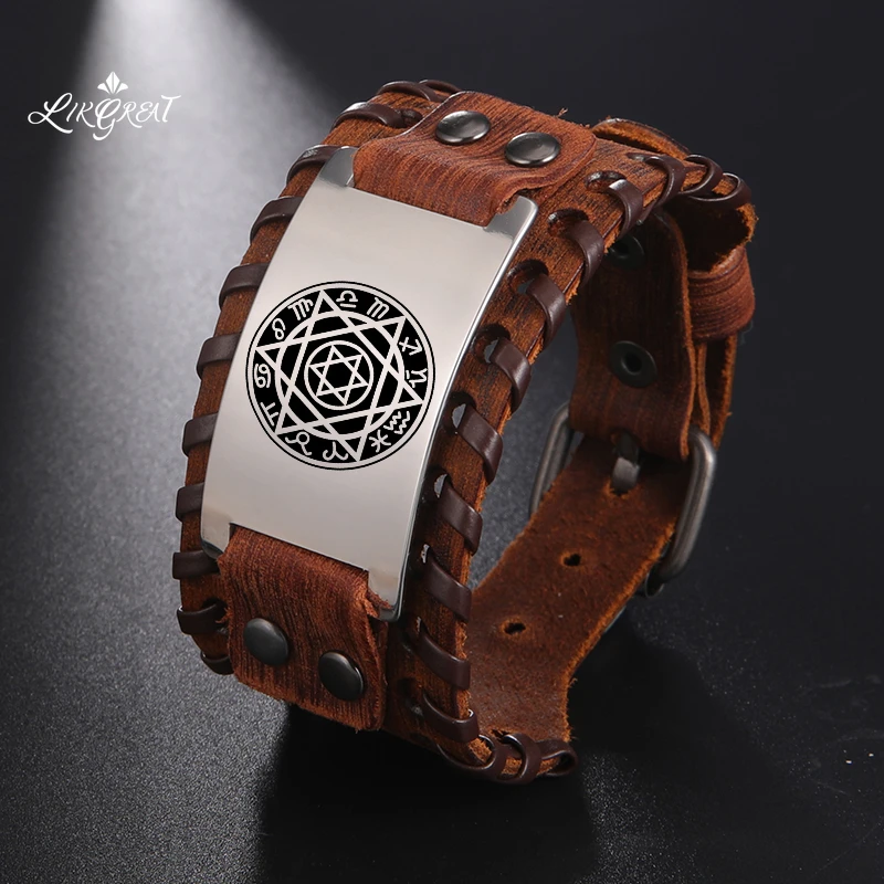

LIKGREAT Zodiac Star of David Men's Wide Leather Wrist Bracelets Magen David Kabbalistic Jewish Talisman Bangles Jewelry Gifts