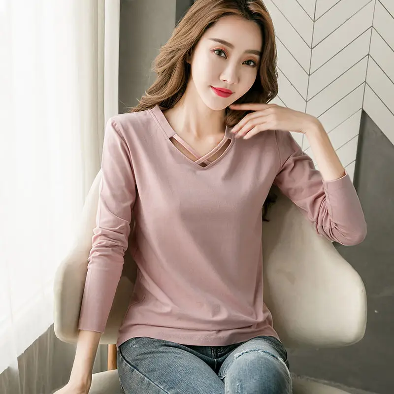 

2022Spring And Autumn New Fashion V-neck Korean Version All-match Slim Casual Plus Size Cotton Pure Color T-shirt Women