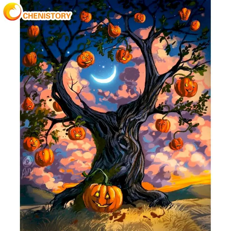 

CHENISTORY краска по номерам черная Тыква дерево Пейзаж краска по номерам комплекты, украшение для дома Настенная картина ручная краска ed фото