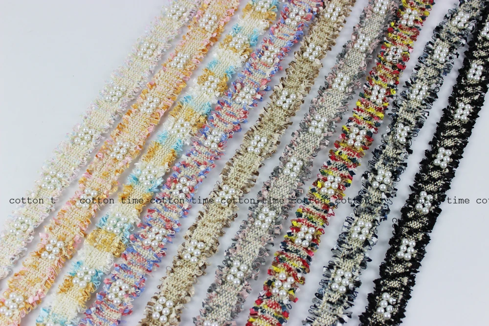 1 yard 3cm Tweed Webbing Pearl Beaded Trim Fabric Ribbon Sewing Handmade DIY Costume Dress Supplies Craft