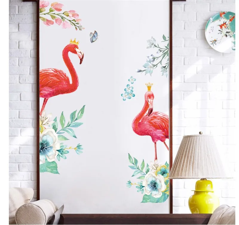 Красивые Фламинго стены Съемная наклейка из ПВХ листья и цветы художественная