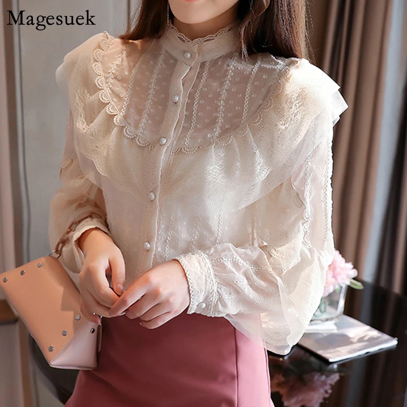 

Autumn New Puff Sleeve Chiffon White Shirt Women Ruffles Casual Women Blouses Cardigan Women Tops And Blouses Blusas Mujer 10624