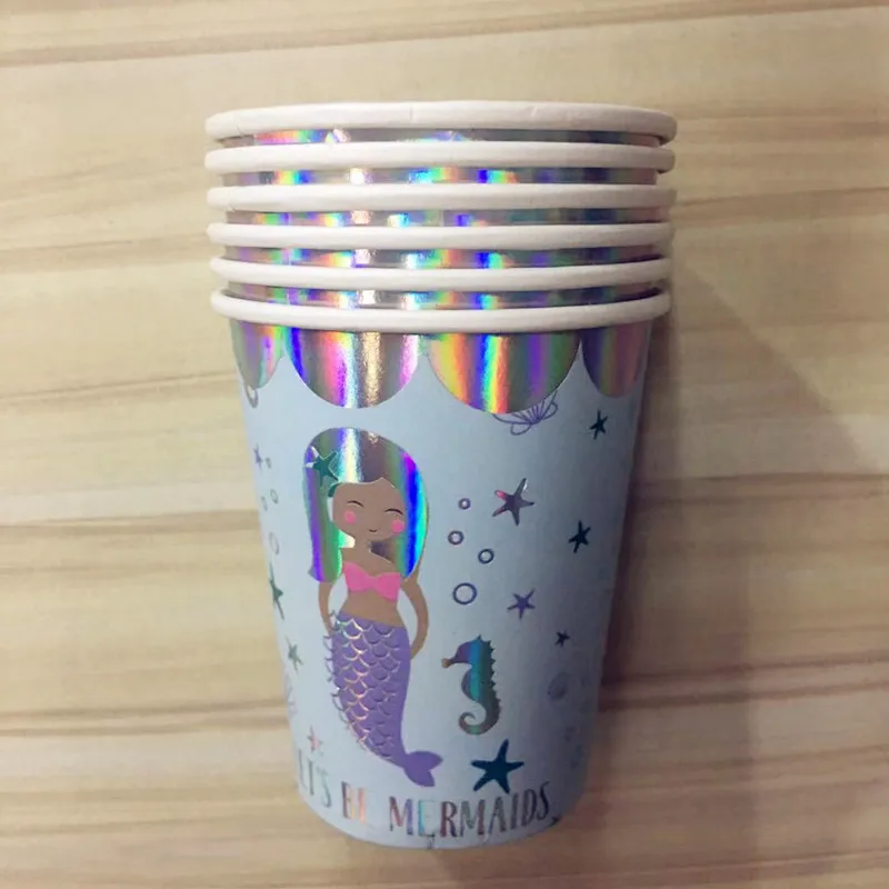 6pcs paper cups Украшения на день рождения Русалочка бумажные тарелки стаканчики соломенная одноразовая посуда для детей вечерние аксессуары для девочек предметы для украшений - Цвет: 6pcs paper cups