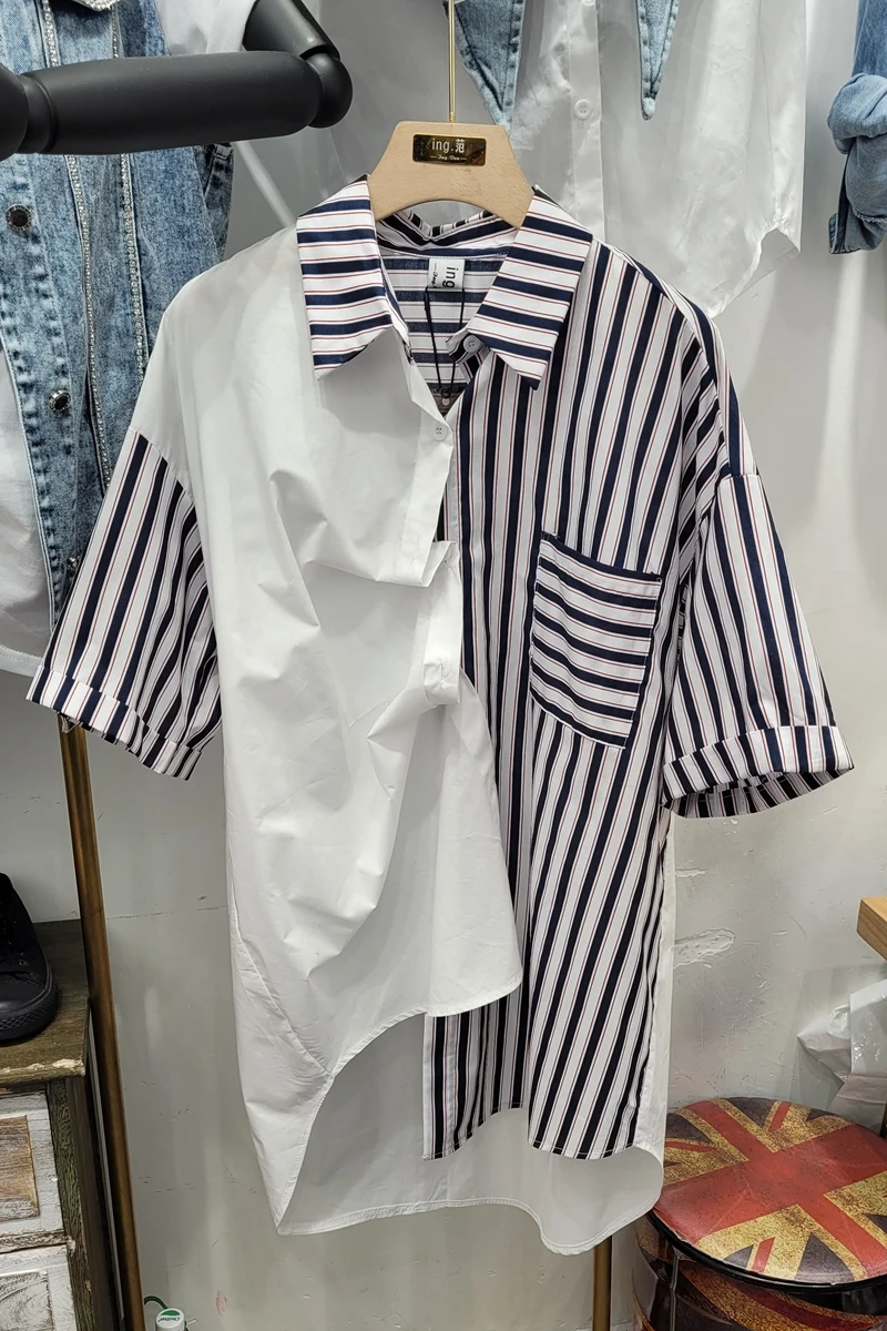 

2021 Spring and Summer New Fashion Patchwork Shirt Striped Printed Short Sleeve Loose Blouse Female Fashion