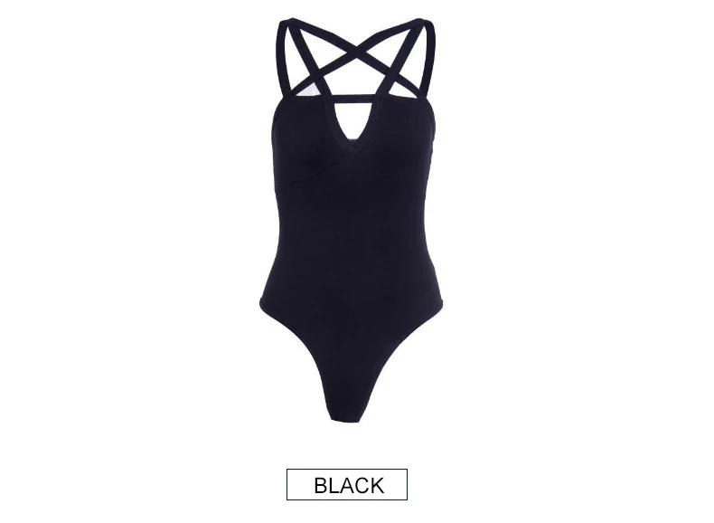 JIEZuoFang Gothic Women Jumpsuits Backless Cross Strap Front Design Hollow Out Pentagram Romper Black Sleeveless Slim Bodysuit